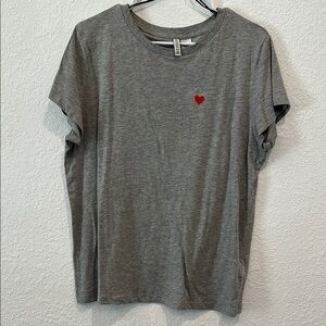 Gray T-Shirt with Red Heart Embroidery